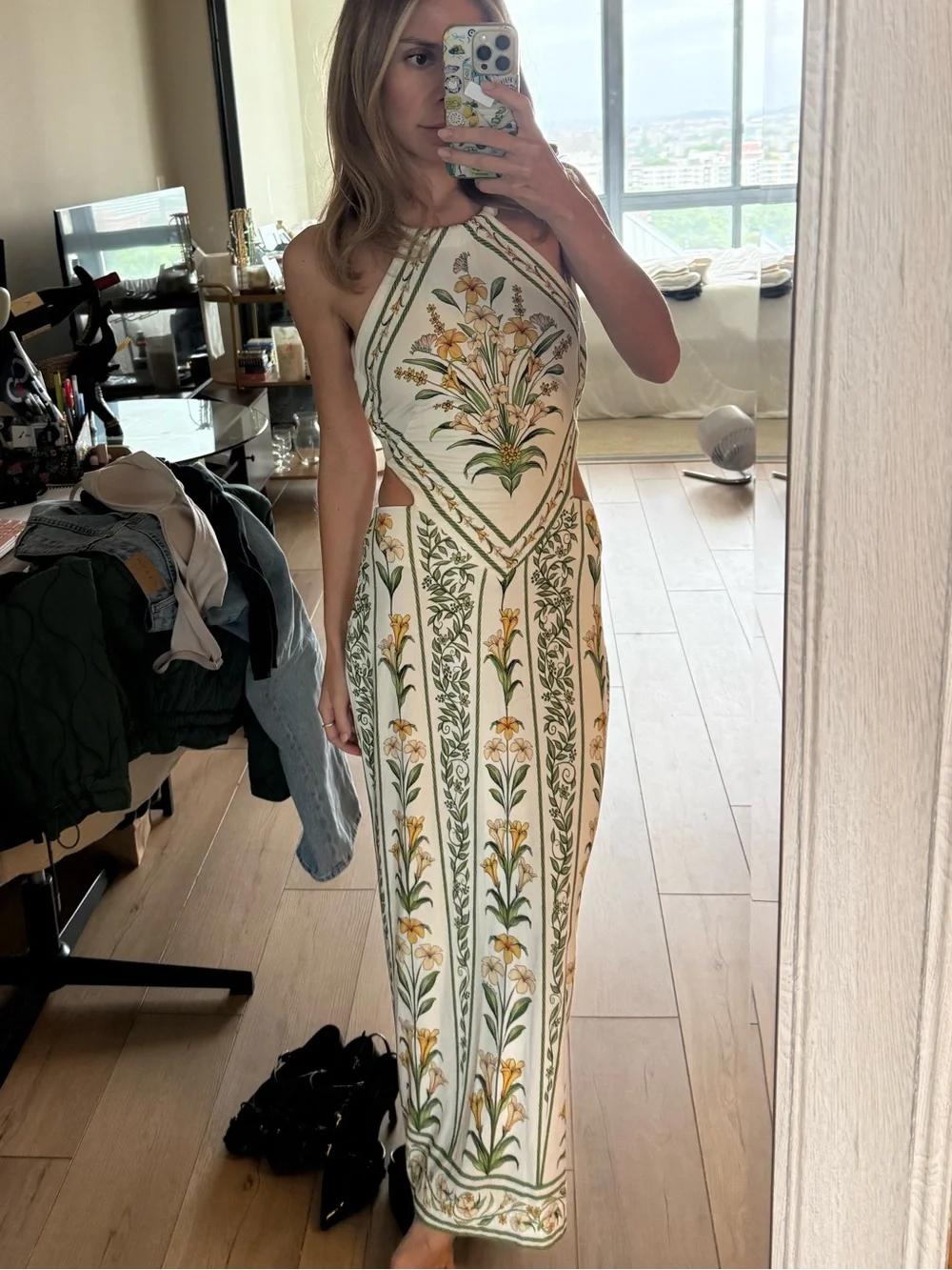 Farm Rio Floral Halter Maxi Dress - White & Green - Picture 1 of 3
